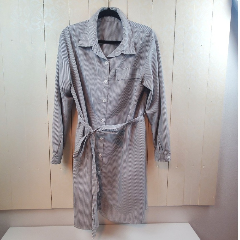 Striped Boyfriend Button Long Sleeve Tie Waist Shirt Dress Navy White Stripe